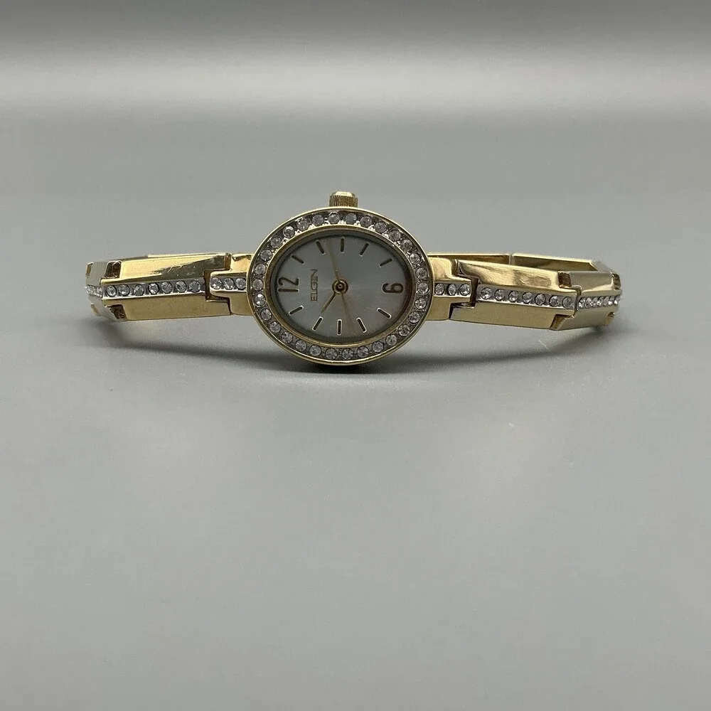 Elgin Womens Watch 19mm Oval Dial Gold Tone Crystals New Battery 7.5